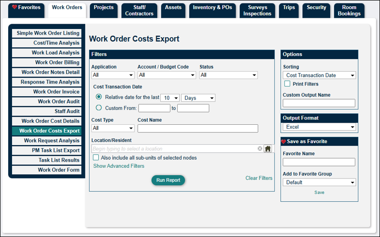 Work Order Cost Export